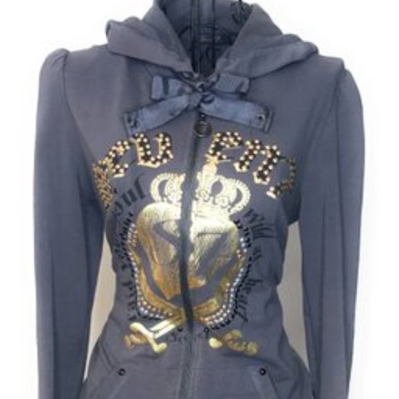 SEVEN7 Women's Size Small Gray Embellished Gold Crown Zipped Hoodie Jack… - Picture 2 of 6